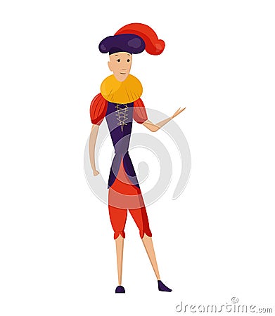 Renaissance clothing vector man character in medieval fashion vintage dress. Historical royal clothes illustration Vector Illustration