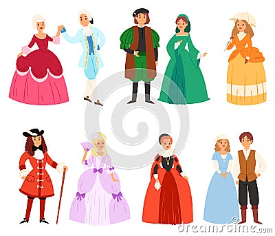 Renaissance clothing vector woman man character in medieval fashion vintage dress historical royal clothes illustration Vector Illustration