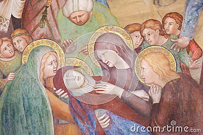 Fresco in San Gimignano - Death of Mother Mary Editorial Stock Photo