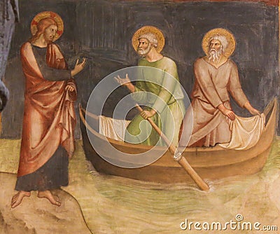 Fresco in San Gimignano - Jesus calls Peter and Andrew Editorial Stock Photo