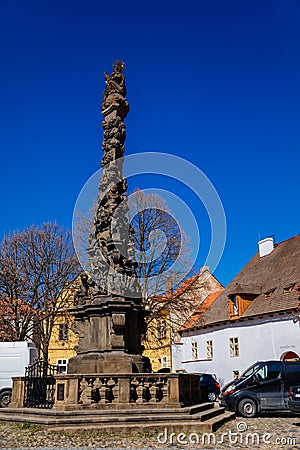 Renaissance historical buildings at May 5th square, Column of St. Florian with baroque sculptural group, medieval street, historic Editorial Stock Photo