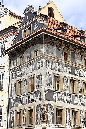 Renaissance `House under a minute` decorated with technique sgraffito, Old Town Square, Prague, Czech Republic Stock Photo