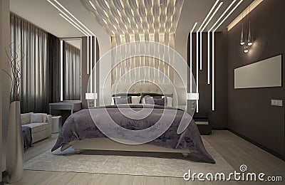 Render of the bedroom with the purple plaid Stock Photo