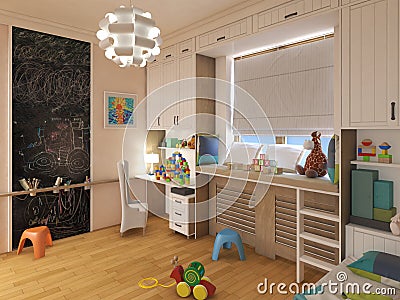 Render children room with striped bed and bookshelves. 3d illustration Cartoon Illustration