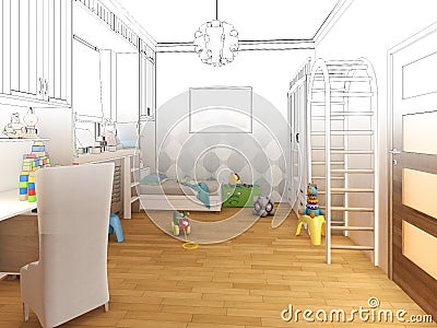 Render Children room.Graphic black white interior sketch Stock Photo