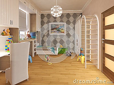 Render children room with striped bed and bookshelves. 3d illustration Cartoon Illustration