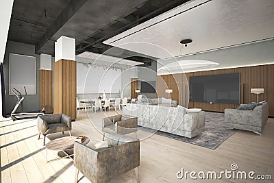 Render of the modern lounge zone Stock Photo