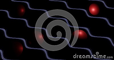 Render with red balls and sinuous blue lines on black Stock Photo