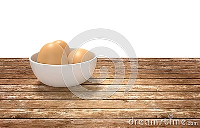 White ceramic bowl ful of eggs. Placed on wooden table. Stock Photo