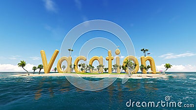 render word vacation on tropical paradise island with palm trees an sun tents. sail boat in the ocean. Stock Photo