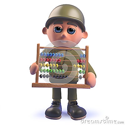 Cartoon army soldier character holding an abacus in 3d Stock Photo