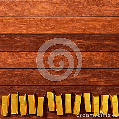 Rendered gold bars in row on the planks Stock Photo