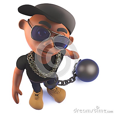 Black 3d cartoon hiphop rap artist character with ball and chain Stock Photo