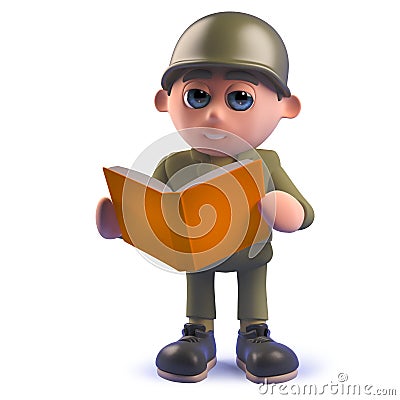 Cartoon army soldier character reading a book in 3d Stock Photo