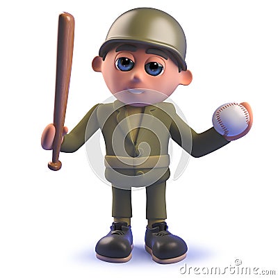 Cartoon army soldier in 3d holding a baseball bat and ball Stock Photo