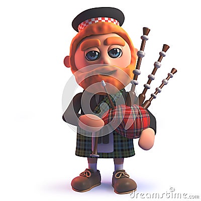 Cartoon 3d Scots man in kilt playing the Scottish bagpipes Stock Photo