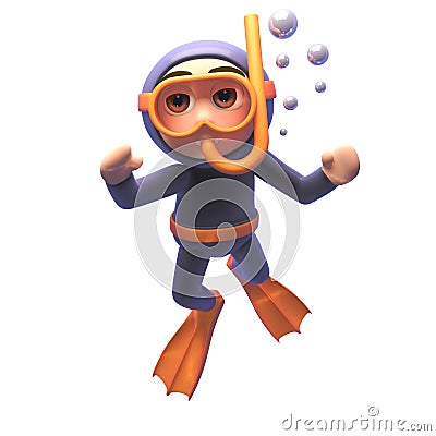 Cartoon 3d scuba snorkel diver character floats underwater Stock Photo