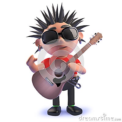 Cartoon rotten 3d punk rocker character playing an acoustic guitar Stock Photo