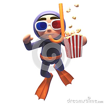 Cartoon scuba snorkel diver in 3d eating popcorn and wearing 3d glasses Stock Photo