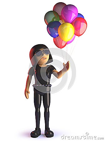 Cool 3d cartoon gothic styled girl with party balloons Stock Photo