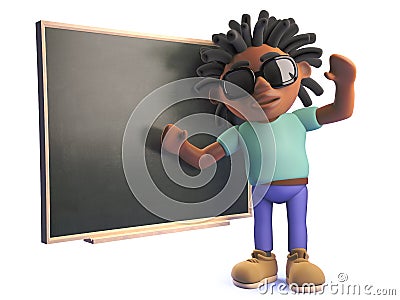 3d cartoon black man with dreadlocks teaching at a blackboard Stock Photo