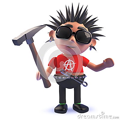 3d cartoon rotten punk rock character holding a hammer Stock Photo