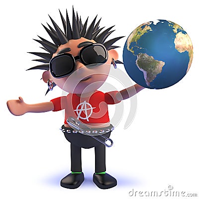 Vicious punk rock cartoon character in 3d holding a globe of the Earth Stock Photo