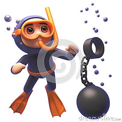 Funny 3d cartoon scuba snorkel diver character watching a ball and chain sink in the sea Stock Photo