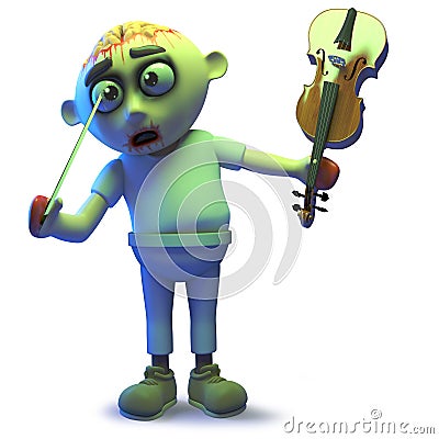 Stupid undead zombie monster pokes his eye with a violin bow, 3d illustration Cartoon Illustration