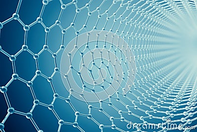 Rendering abstract tube nanotechnology hexagonal geometric form close-up, concept graphene molecular structure. Stock Photo