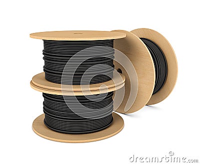 Rendering of black industrial underground cable on large wooden reel Stock Photo