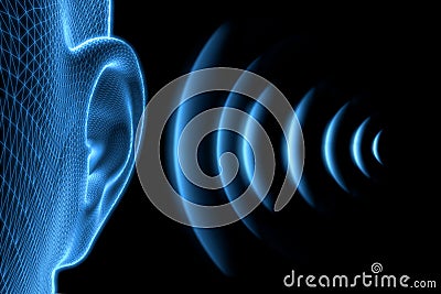 Wireframe human ear with sound waves - 3D illustration Cartoon Illustration
