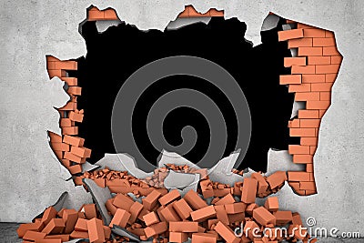 Rendering broken wall with black hole and pile of rusty red bricks beneath. Stock Photo