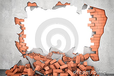 Rendering broken wall with white hole and pile of rusty red bricks beneath. Stock Photo