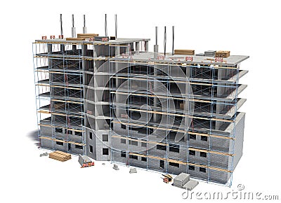 Rendering of building under construction with scaffolding and different equipment. Stock Photo