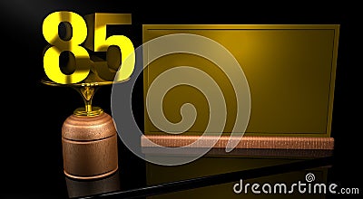 Rendering 3D Wooden trophy with number 85 in gold and golden plate with space to write on mirror table in black background. Stock Photo