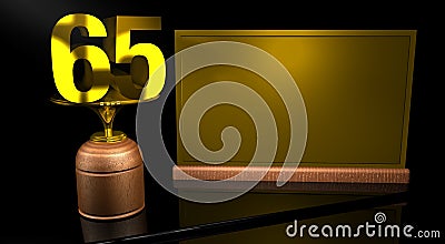 Rendering 3D Wooden trophy with number 65 in gold and golden plate with space to write on mirror table in black background. Stock Photo