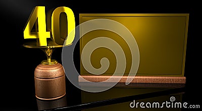 Rendering 3D Wooden trophy with number 40 in gold and golden plate with space to write on mirror table in black background. Stock Photo