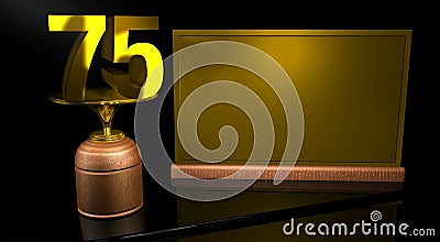 Rendering 3D Wooden trophy with number 75 in gold and golden plate with space to write on mirror table in black background. Stock Photo