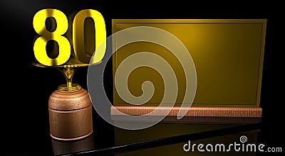 Rendering 3D Wooden trophy with number 80 in gold and golden plate with space to write on mirror table in black background. Stock Photo
