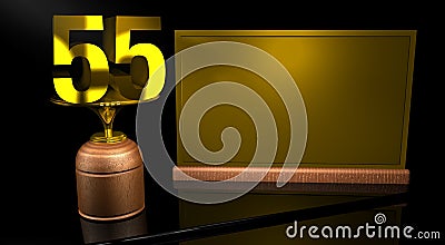 Rendering 3D Wooden trophy with number 55 in gold and golden plate with space to write on mirror table in black background. Stock Photo