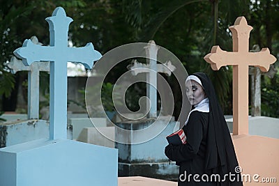 Rendering of a ghost nun or demon in the Churchyard. Stock Photo