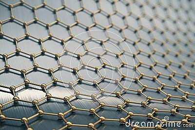 Rendering gold nanotechnology hexagonal geometric form close-up, concept graphene atomic structure, molecular Stock Photo