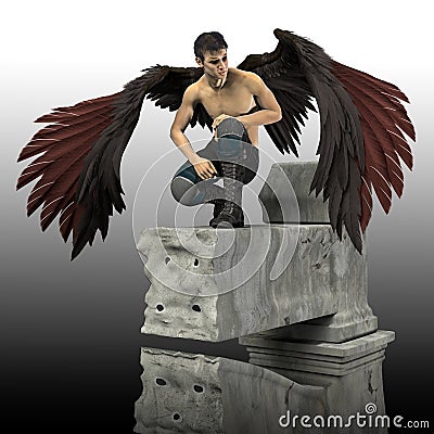 Rendering of a Handsome Dark Angel standing on a precipice Cartoon Illustration