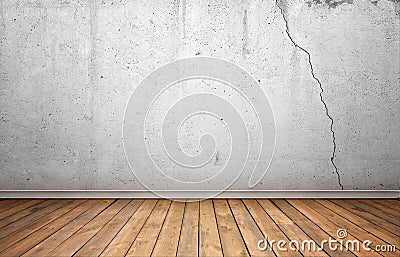 Rendering of interior with white concrete cracked wall and wooden floor. Stock Photo