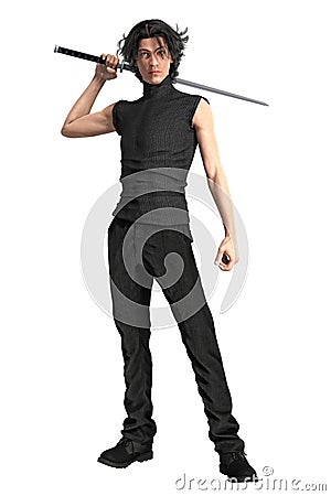 Rendering Man with Katana Sword Isolated Stock Photo