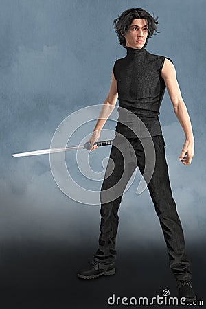 Rendering Man with Katana Sword Stock Photo