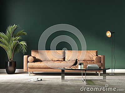 Rendering of a modern blue living room with a beige sofa Stock Photo