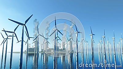 Rendering of multiple wind turbines and a nuclear power plant in the background Stock Photo