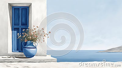 rendering of a part of a Greek house with a blue window Stock Photo